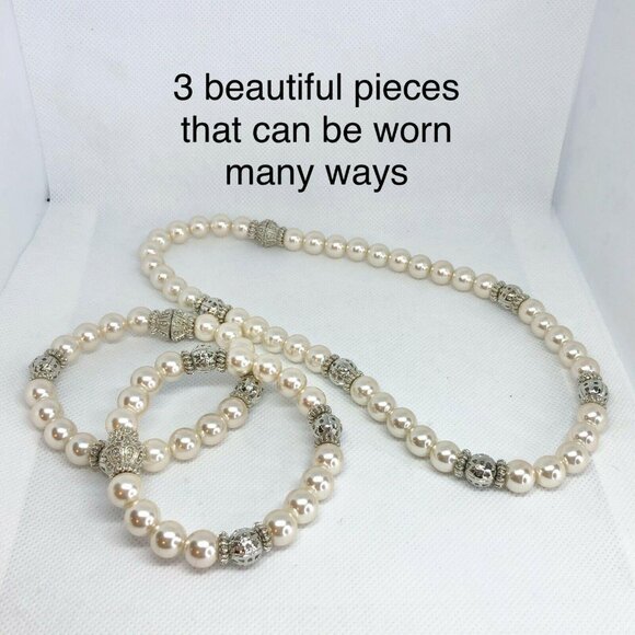 Premier Designs Audrey Elegant Pearl Necklace Bracelet Set Convertible Jewelry - Picture 2 of 12